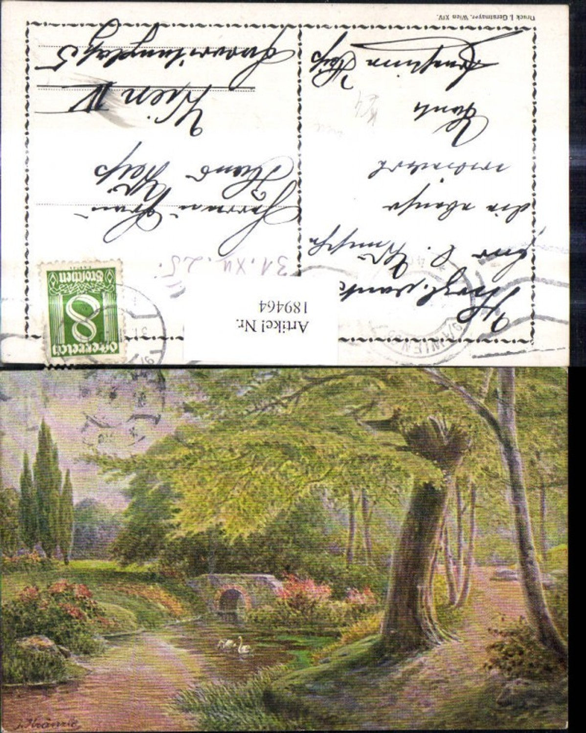 189464,Künstler Ak J. Kränzle Schwäne Fluss Brücke Landschaft