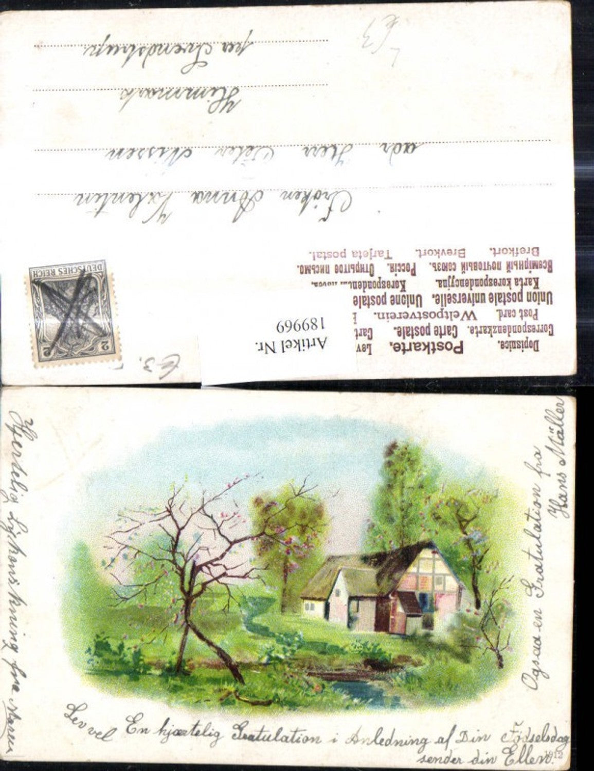 189969,Künstler Litho Haus Bach Baum Landschaft