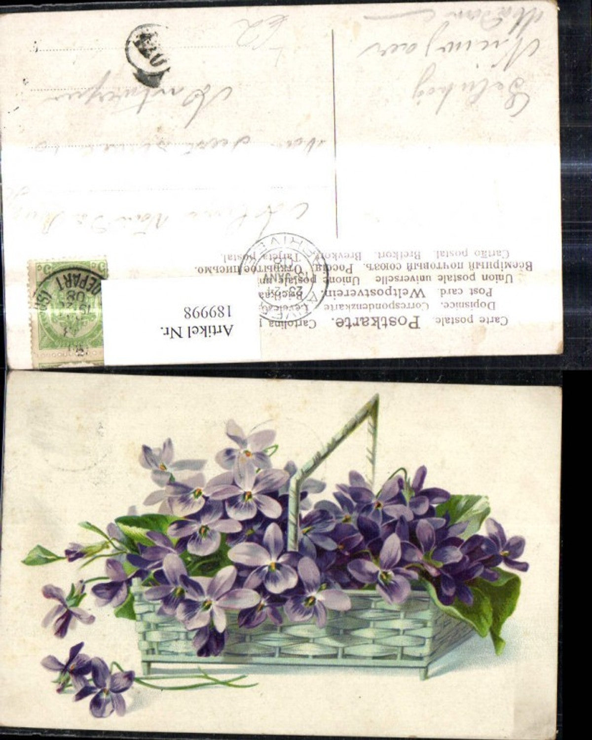 189998,Künstler Litho Korb Weidenkorb m. Veilchen Blumen