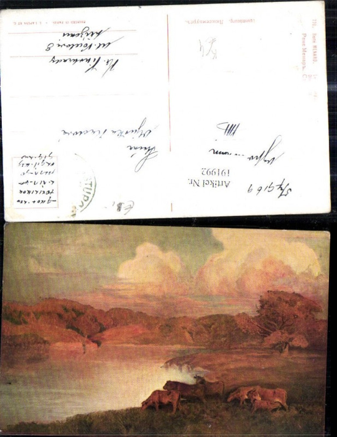 191992,Künstler Ak Rene Menard Die Herde Kühe Rinder Teich Landschaft