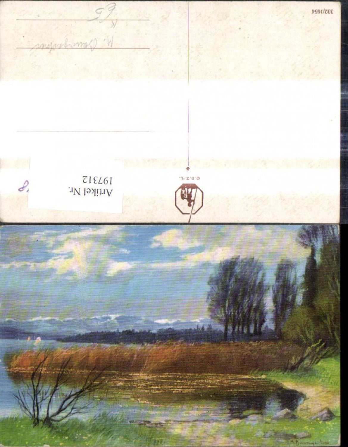 197312,Künstler Ak M. Baumgartner See Ufer Schilf Bergkulisse Landschaft
