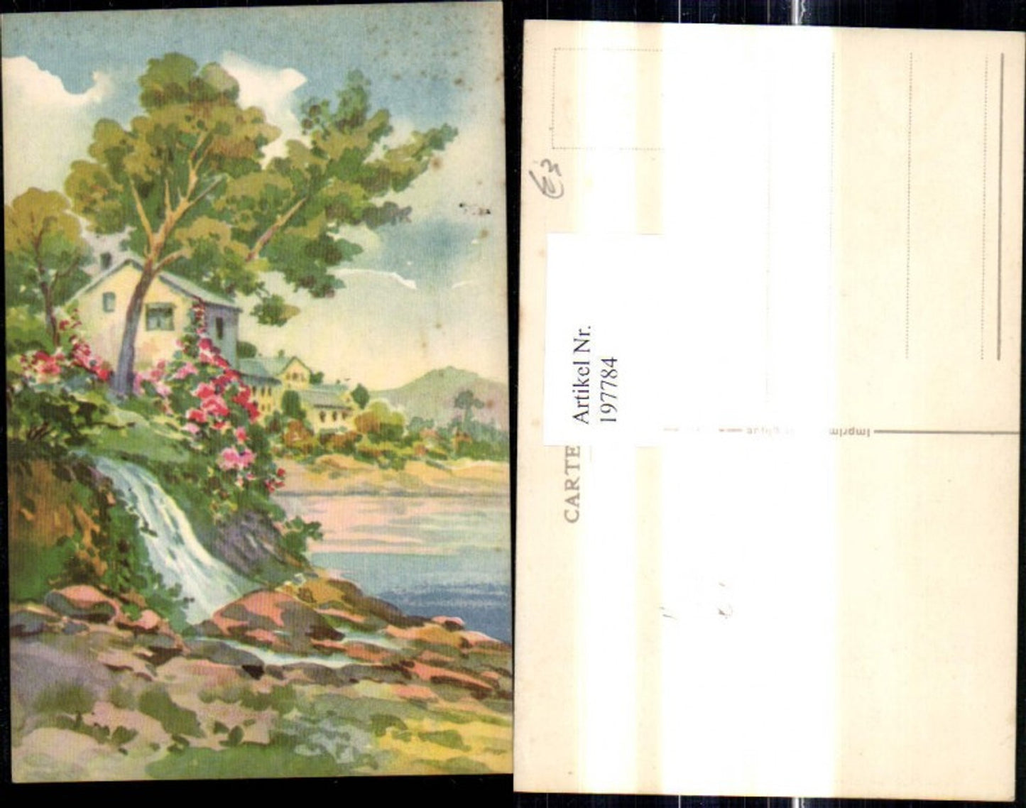 197784,Künstler Ak Wasserfall Häuser Ufer See Baum Landschaft