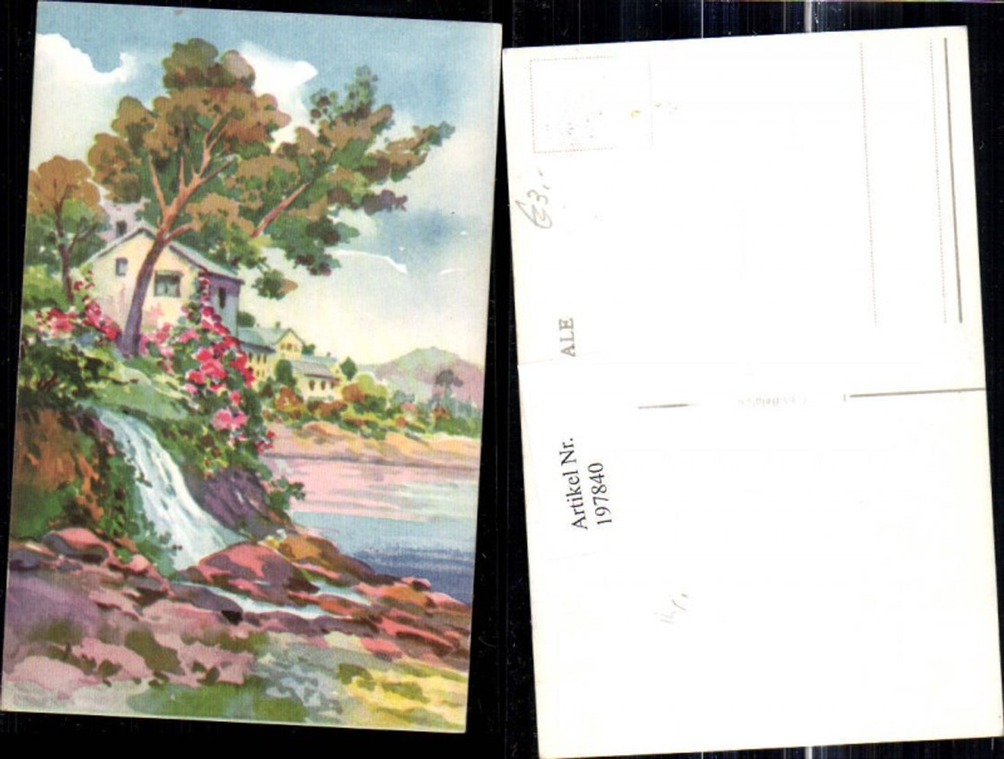 197840,Künstler Ak Wasserfall Häuser Ufer See Baum Landschaft