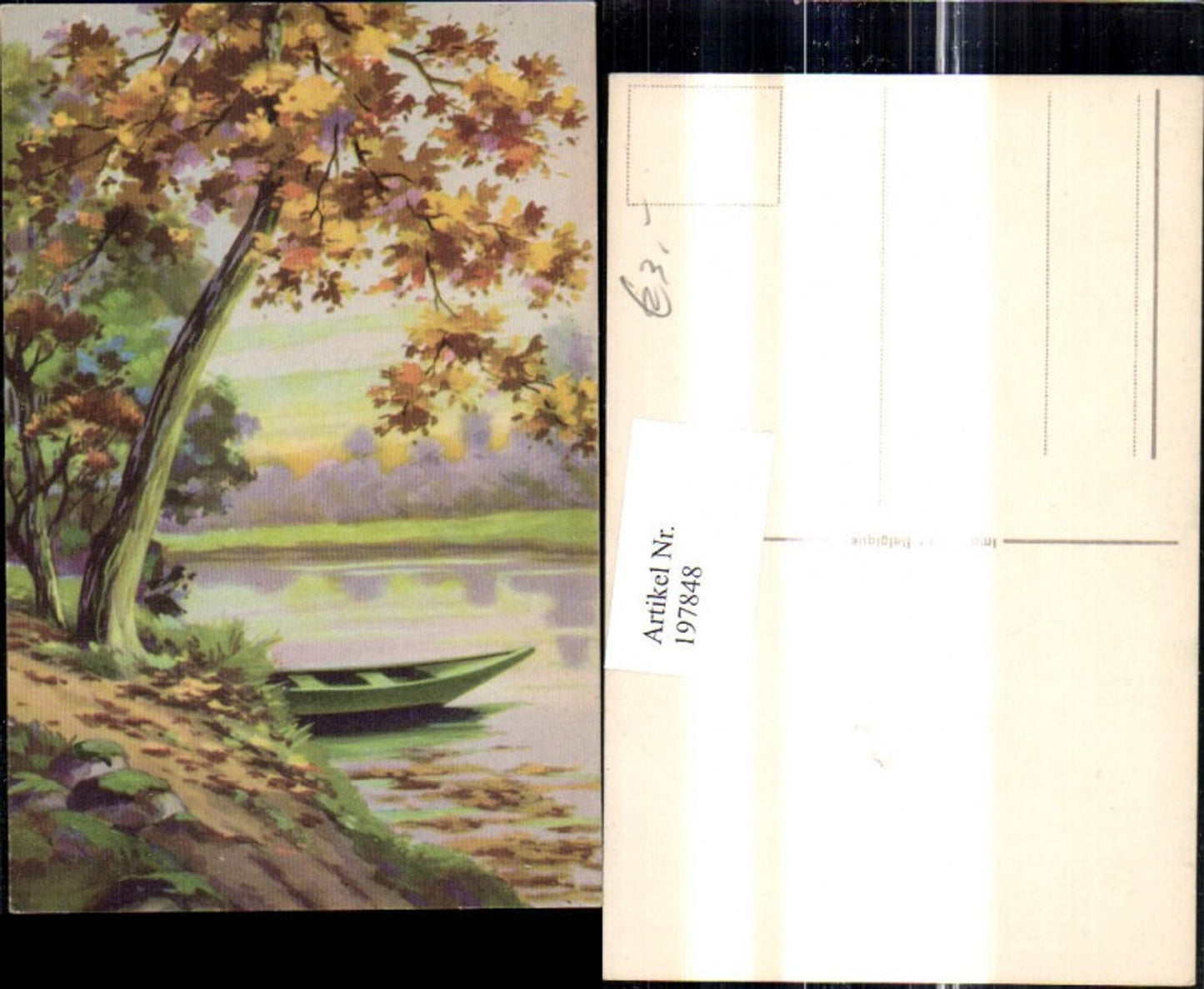 197848,Künstler Ak Boot a. Ufer Bäume Herbststimmung Landschaft