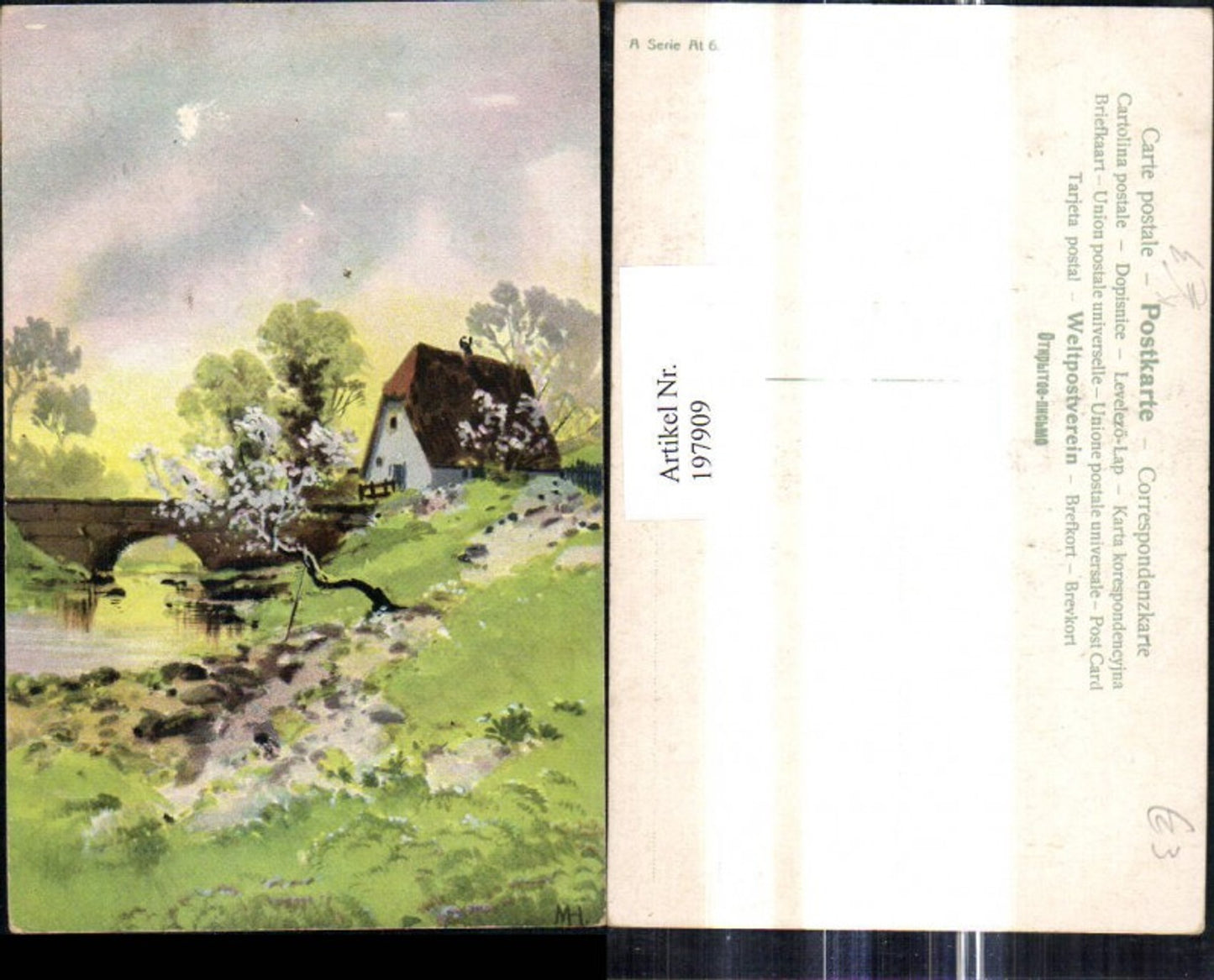 197909,Künstler Ak Haus Brücke Fluss Landschaft