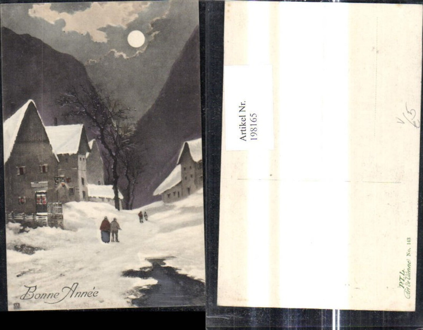 198165,Künstler Ak Winterdorf Leute Landschaft b. Mondschein Bonne Annee Weihnachten pub P.T.L Art de Vienne 143