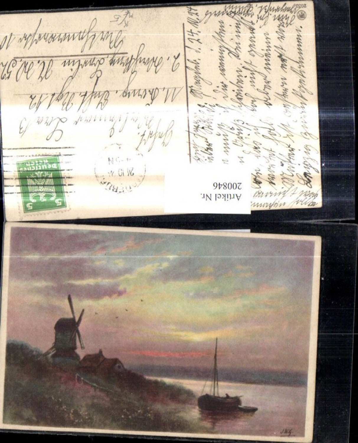 200846, Artist Ak Windmill Sailboat Boat Shore Landscape