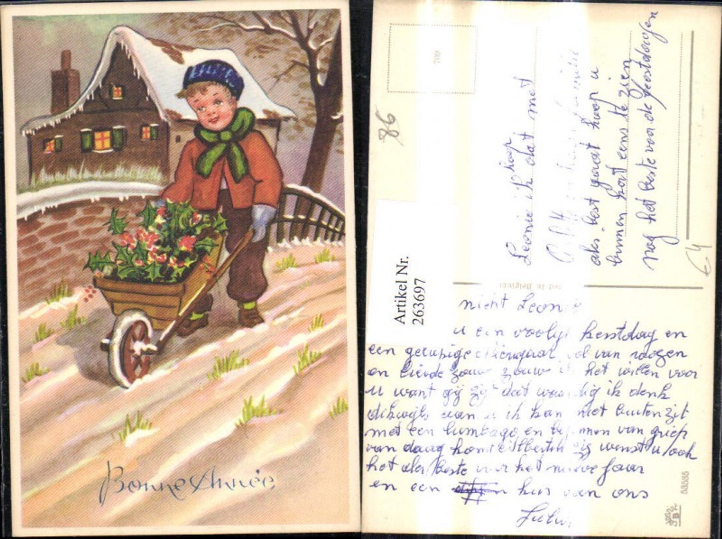 263697,Künstler Ak Kinder Bub Junge m. Schubkarre Scheibtruhe Stechpalmenzweige Winterlandschaft