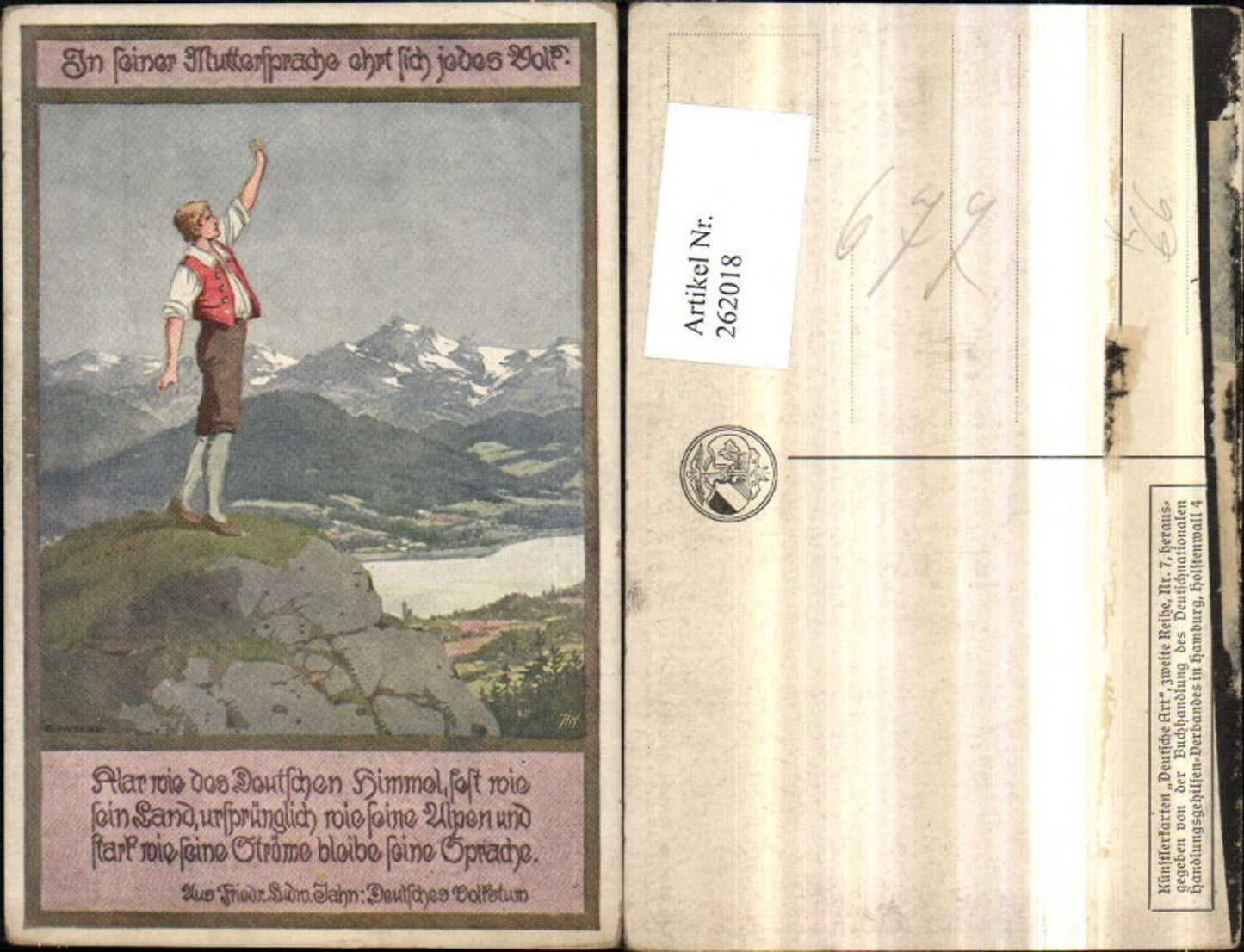 262018, Artist AK Ernst Kutzer Man on the Mountain Mountain Scenery Text Saying