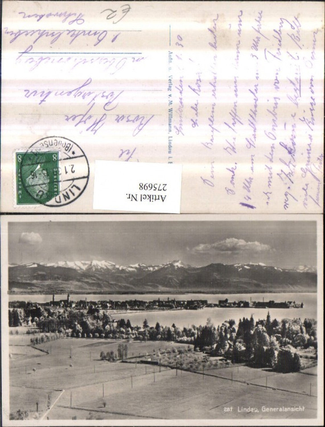 275698, Lindau on Lake Constance, overall view with mountains and mountain scenery