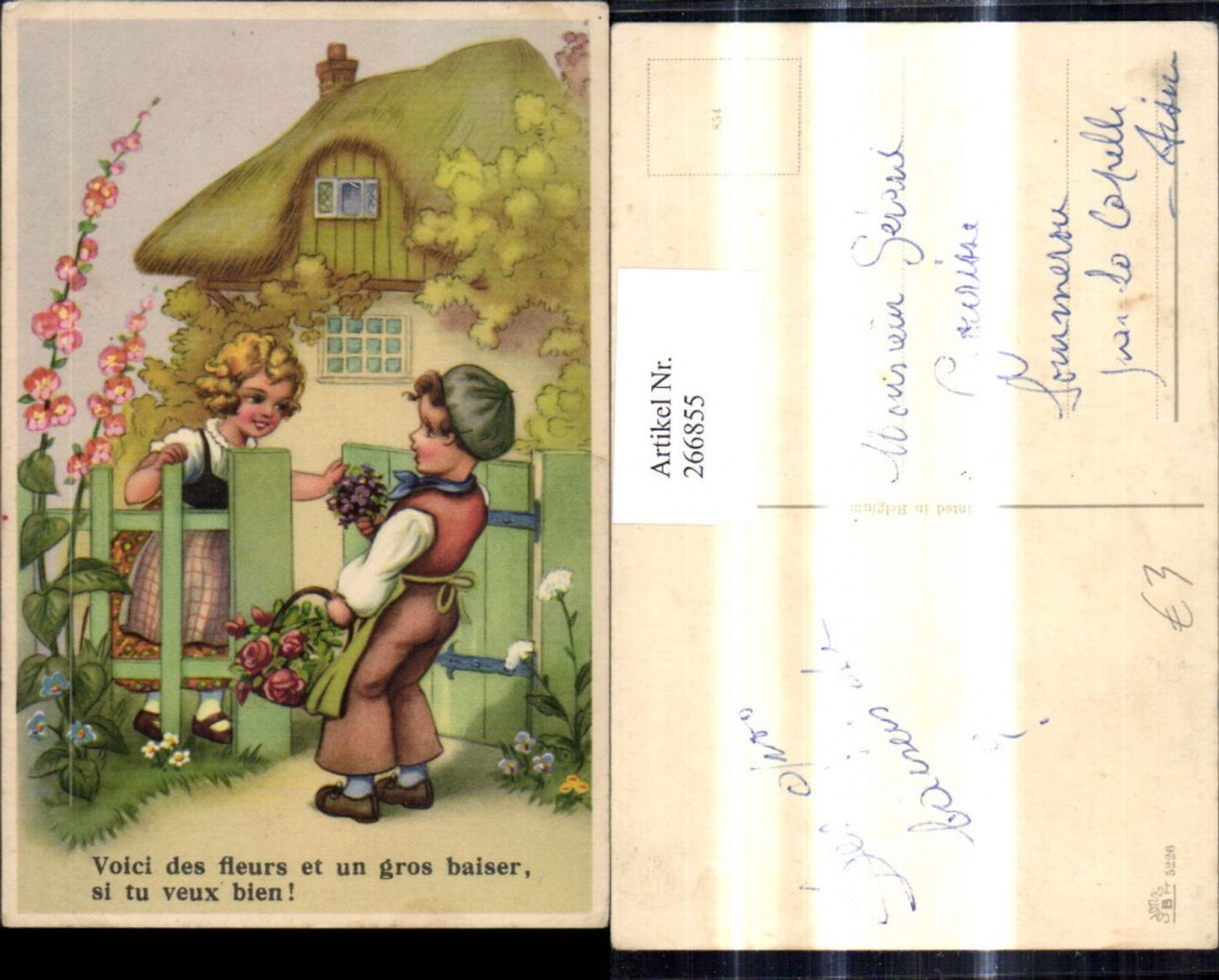 266855,Künstler Ak Kinder b. Gartentor Blumen Rosen Korb