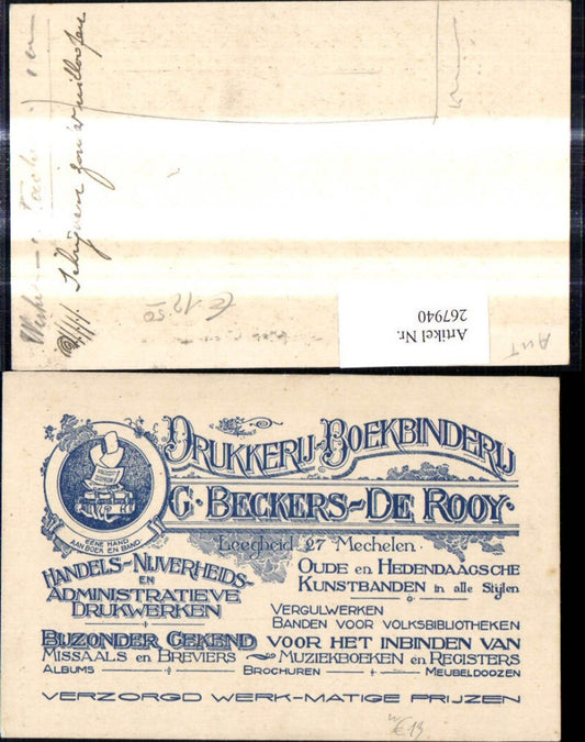 267940, Advertising Drukkerij Boekbinderij G. Beckers de Rooy Mechelen 