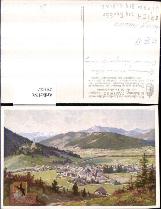 270127, Artist AK Fr. Jung Tamsweg in Lungau Total view with St. Leonhard's Church and mountain scenery