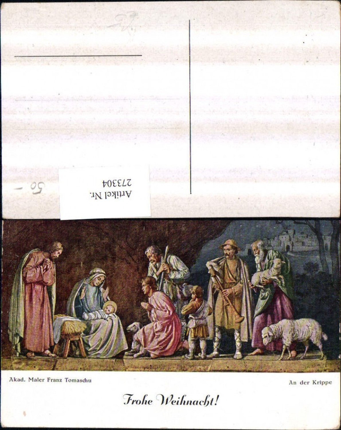 273304,Künstler AK Franz Tomaschu An der Krippe Josef u. Maria m. Jesuskind Christus Männer Schafe Lamm
