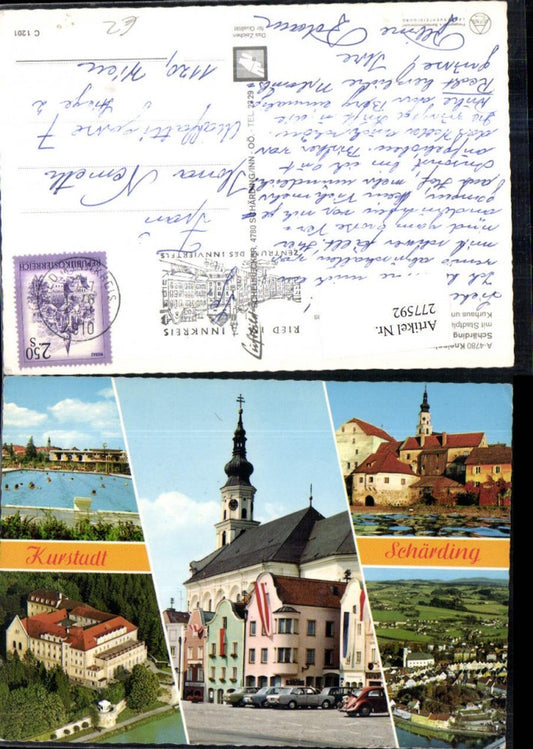 277592, Schärding am Inn, overall view of church, castle, swimming pool, multi-view map
