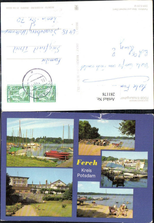 281178, Ferch near Potsdam, Schwielowsee, FDGB recreation center Pierre Semard, boats, beach, multi-view postcard
