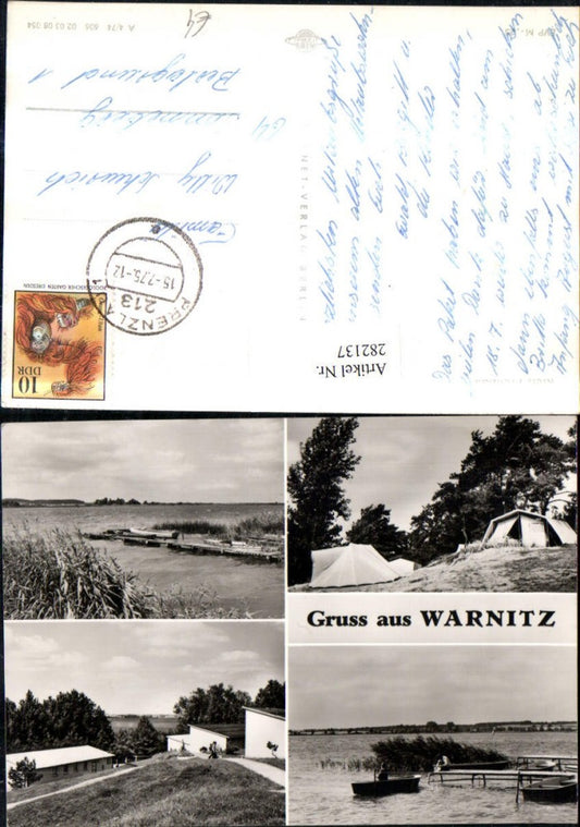 282137, Greetings from Warnitz Tents Camping Lake Party Rowboat Multi-image postcard