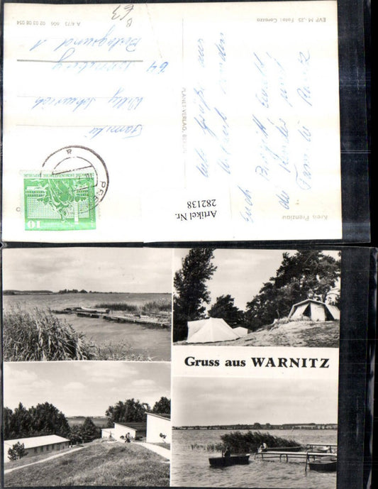 282138, Greetings from Warnitz Tents Camping Lake Party Rowboat Multi-image postcard