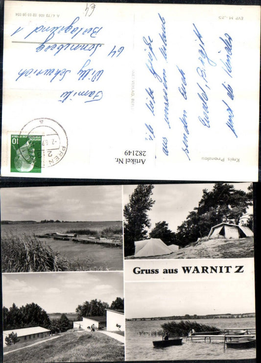 282149, Greetings from Warnitz Tents Camping Lake Party Rowboat Multi-image postcard