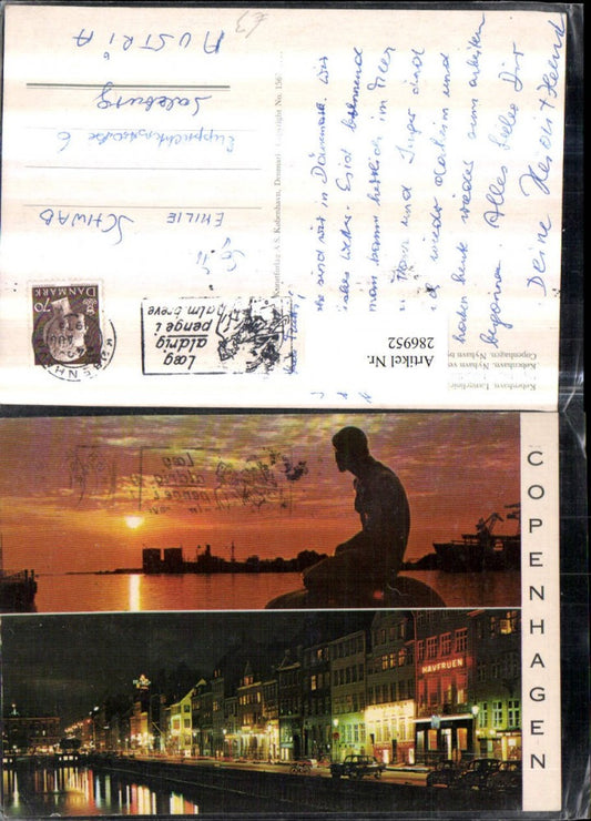 286952, Copenhagen Kobenhavn Langelinie Mermaid b. Night Shops Multi-view postcard