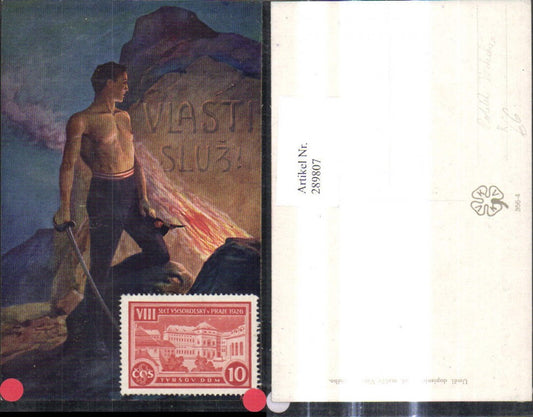 289807, Artist Ak Venc. Cerneho Vlasti Sluz Man with saber sword fire rock politics Czech Republic