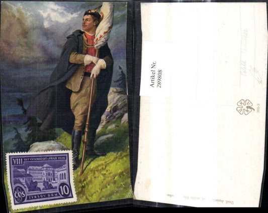 289808, Artist Ak Venc. Cerneho Man Soldier Uniform with Flag Landscape Politics Czech Republic