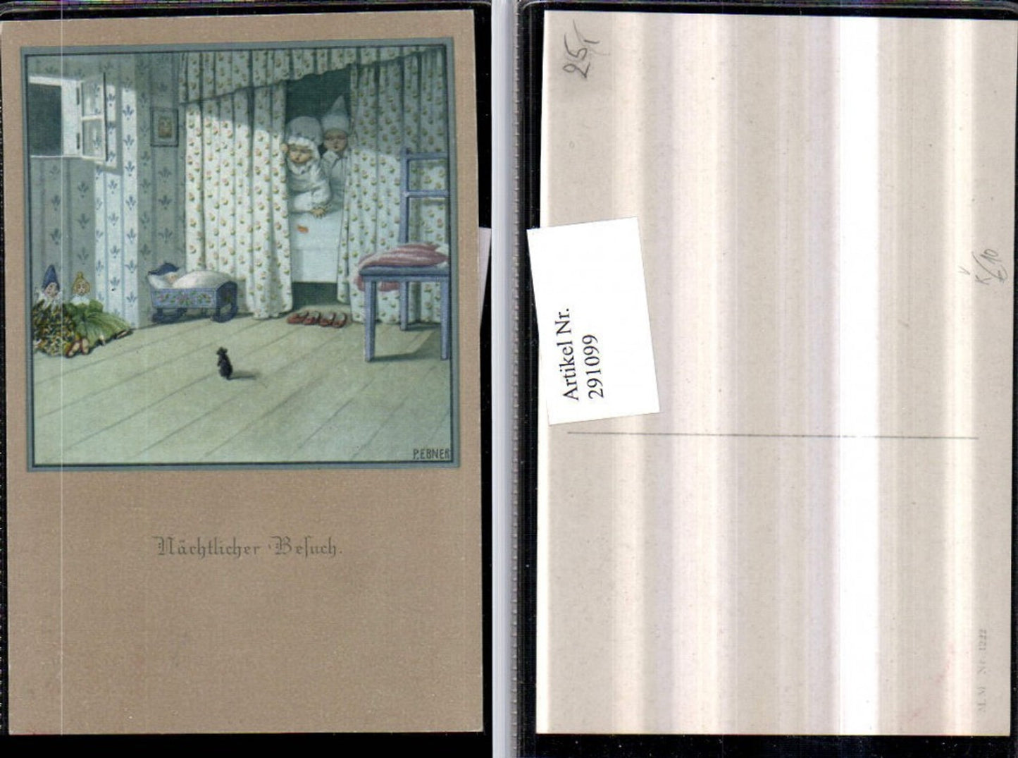 291099, Artist AK Pauli Ebner Nighttime Visit Children Bed Mouse Dolls Cradle pub M. Munk 1222