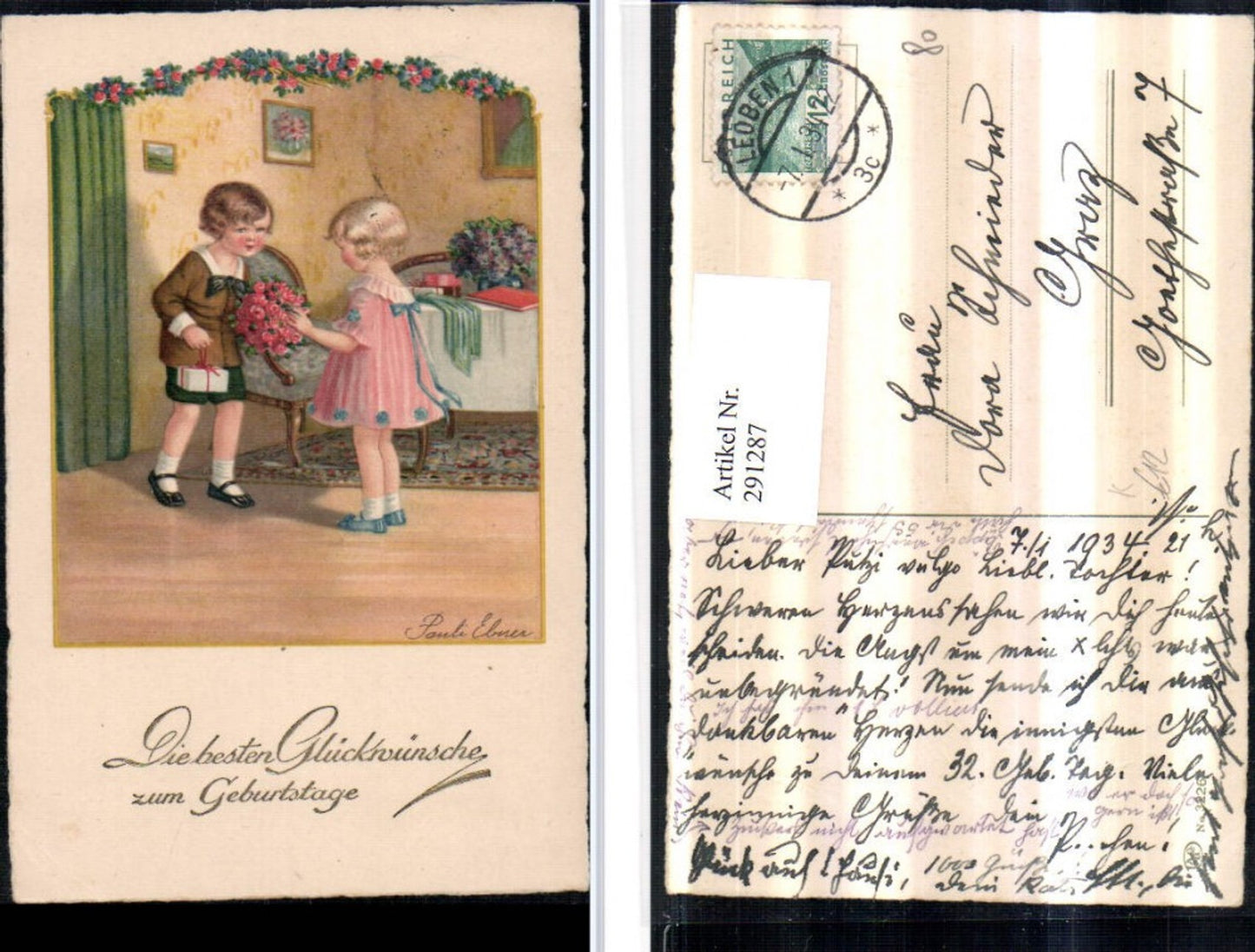 291287, Artist AK Pauli Ebner, Birthday, Children, Girl, Dress, Bouquet of Roses, Gift