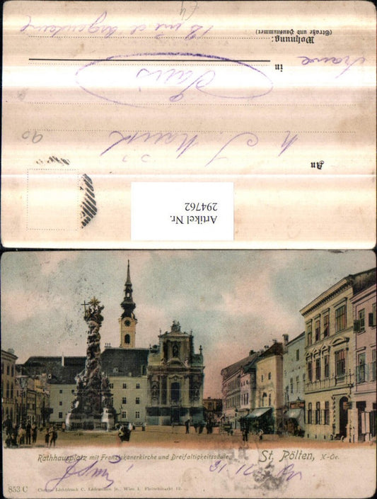 294762, St. Pölten Town Hall Square with Franciscan Church and Trinity Column