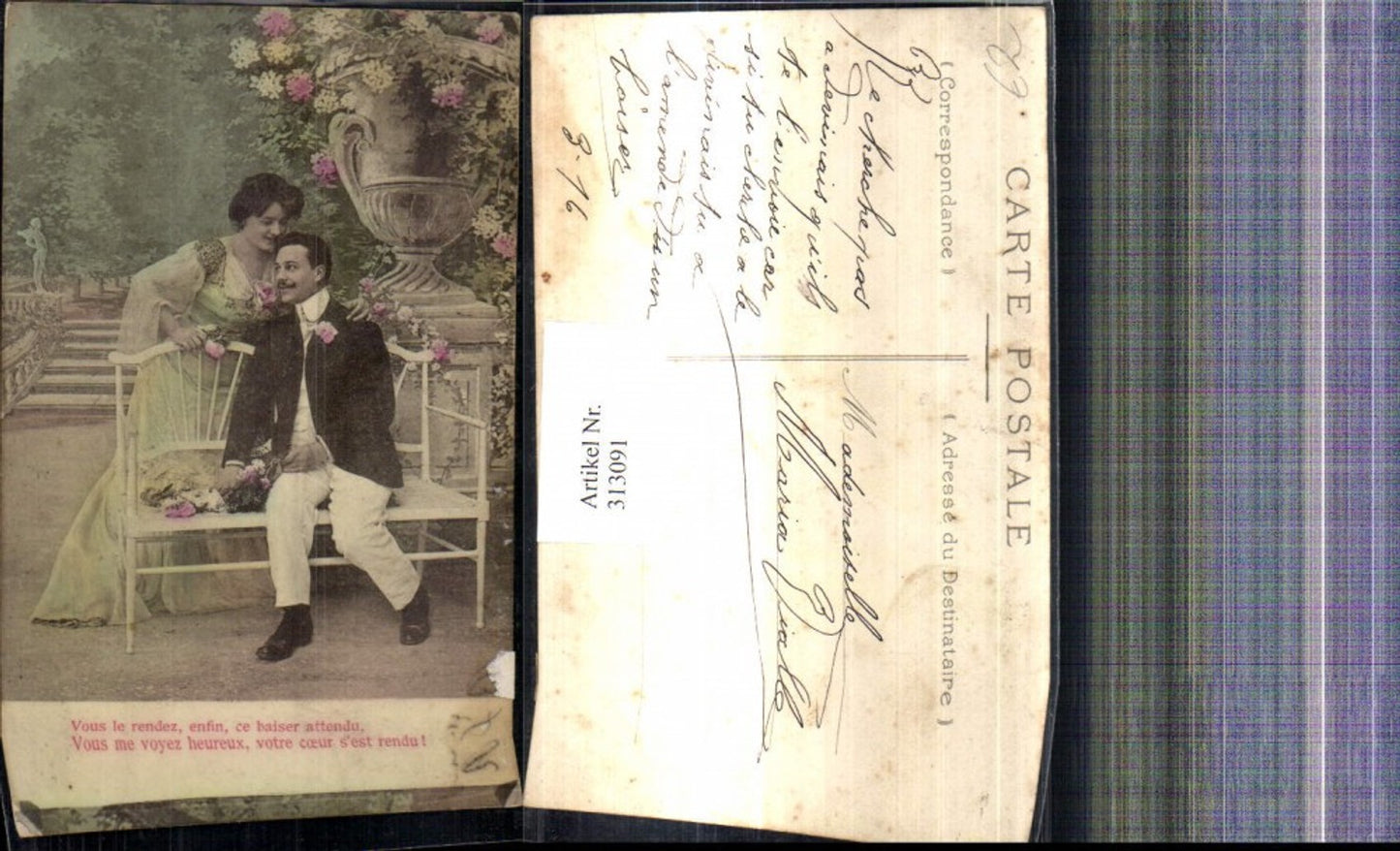 313091,Liebe Paar Umarmung b. Bank Blumen Spruch Text