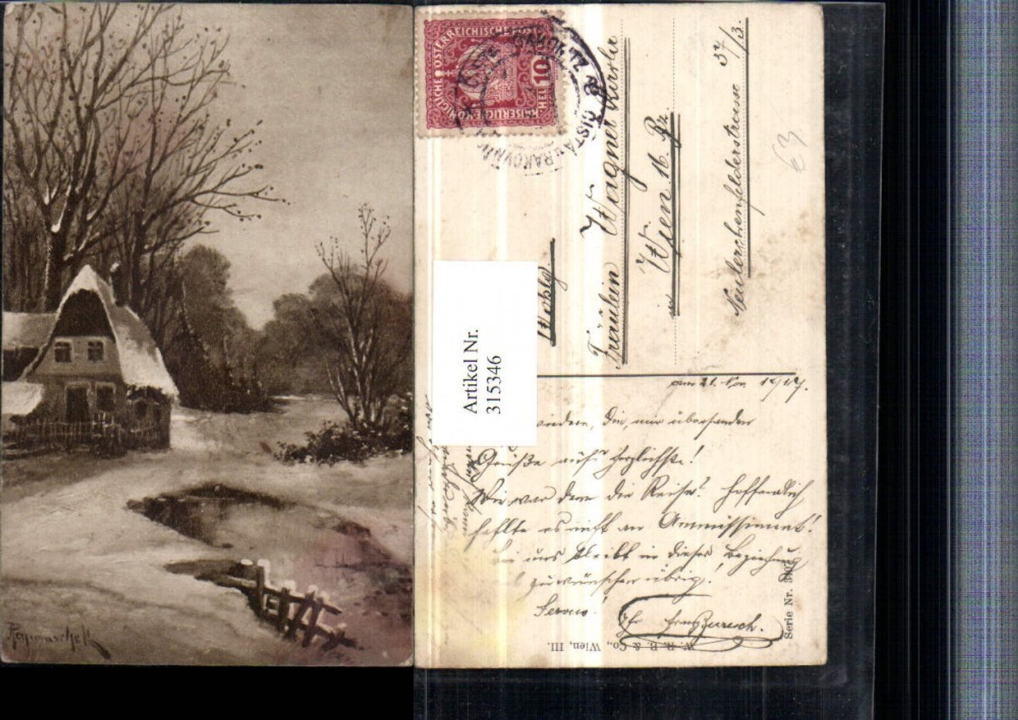 315346,Künstler AK Winterlandschaft Haus Wald