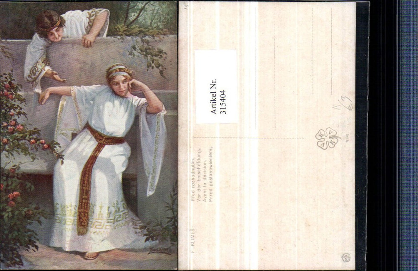 315404,Künstler AK F. Klimes Vor der Entscheidung Frau u. Mann in Toga Nachdenklich
