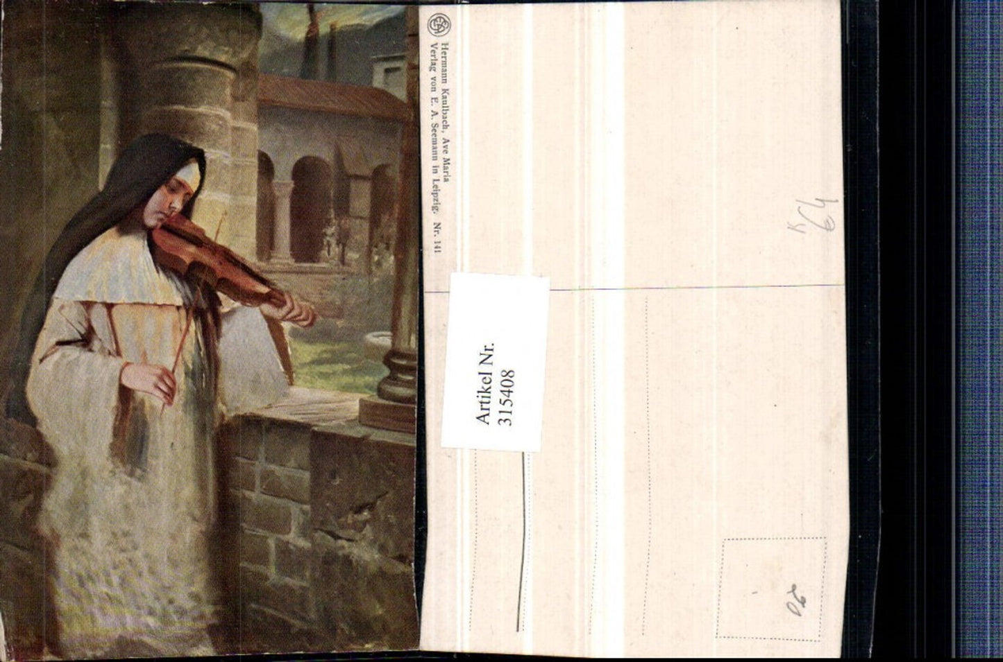 315408,Künstler AK Hermann Kaulbach Ave Maria Nonne spielt Geige Kloster