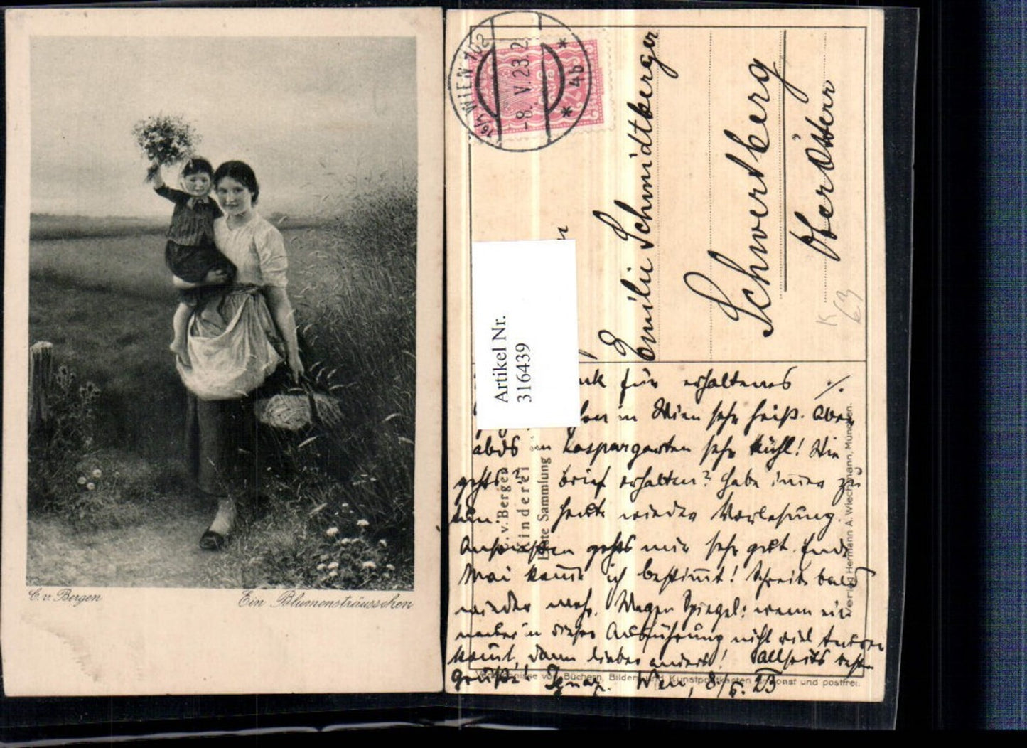 316439,Künstler AK C. v. Bergen Ein Blumensträußchen Frau Mutter m. Kind Korb Blumen