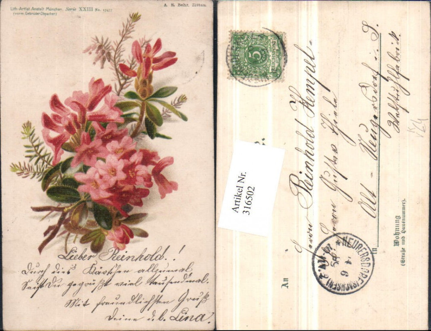316502,Künstler AK Rosa Blumen Blüten pub Lith-Artist München 17477