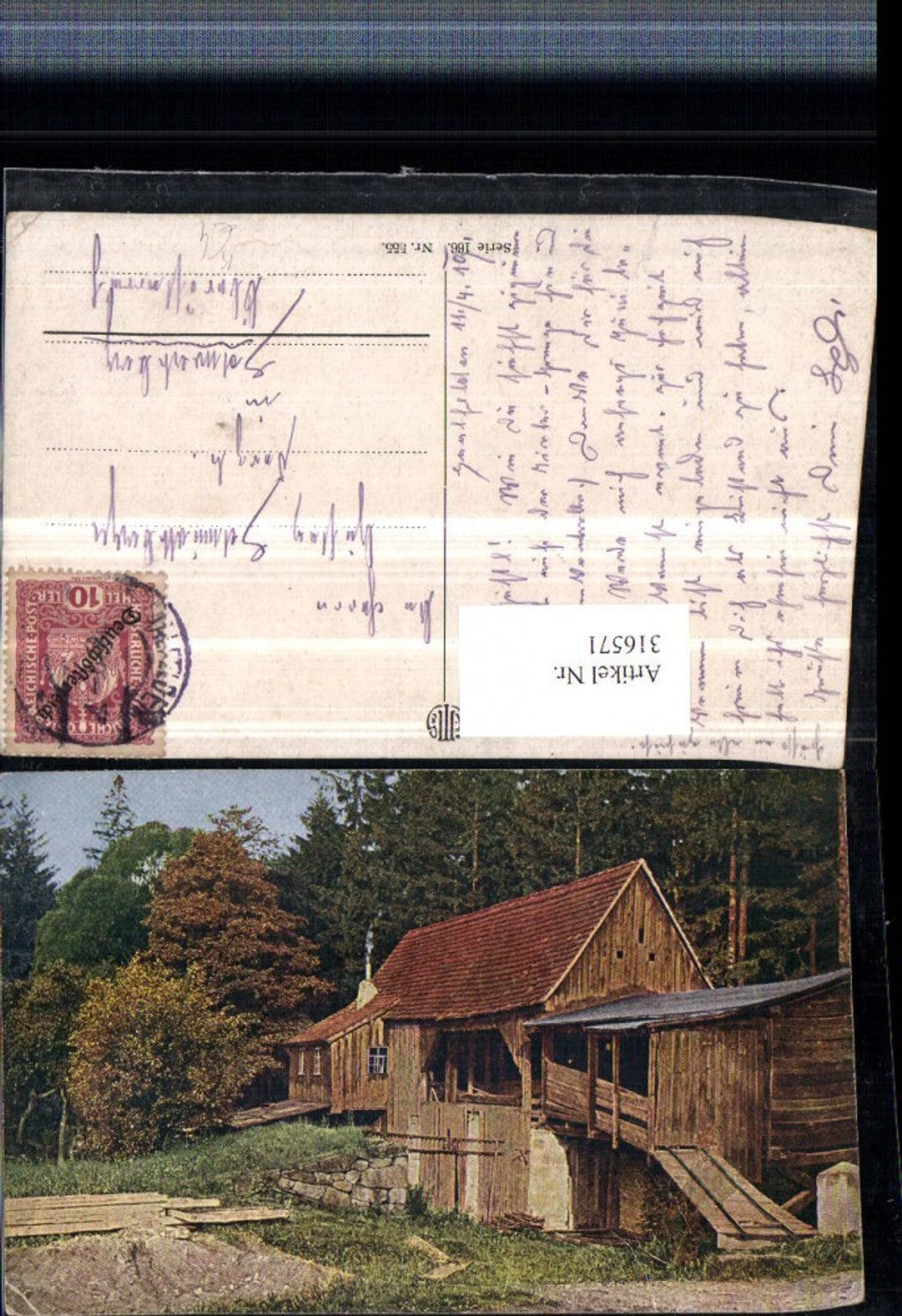 316571,Künstler AK Holzhaus Holzhütte Wald