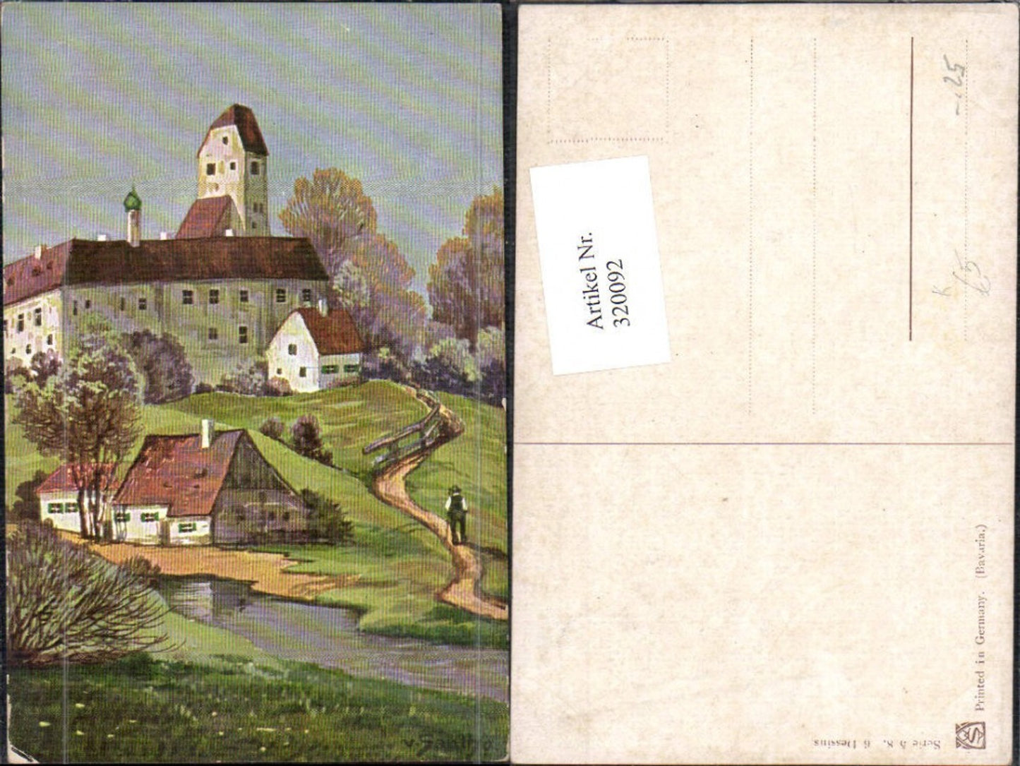 320092,Künstler Ak V. Santhö Santho Alter Mann Wanderer a. Weg Schloss Landschaft