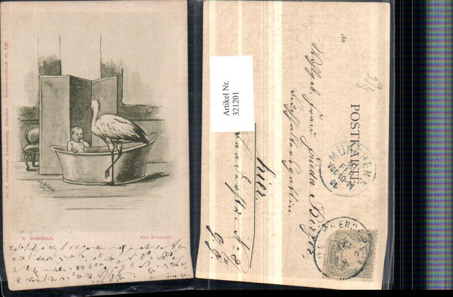 321201,F. A. Ackermann 836 Künstler W. Reidelbach Alte Bekannte Kind Badewanne Storch