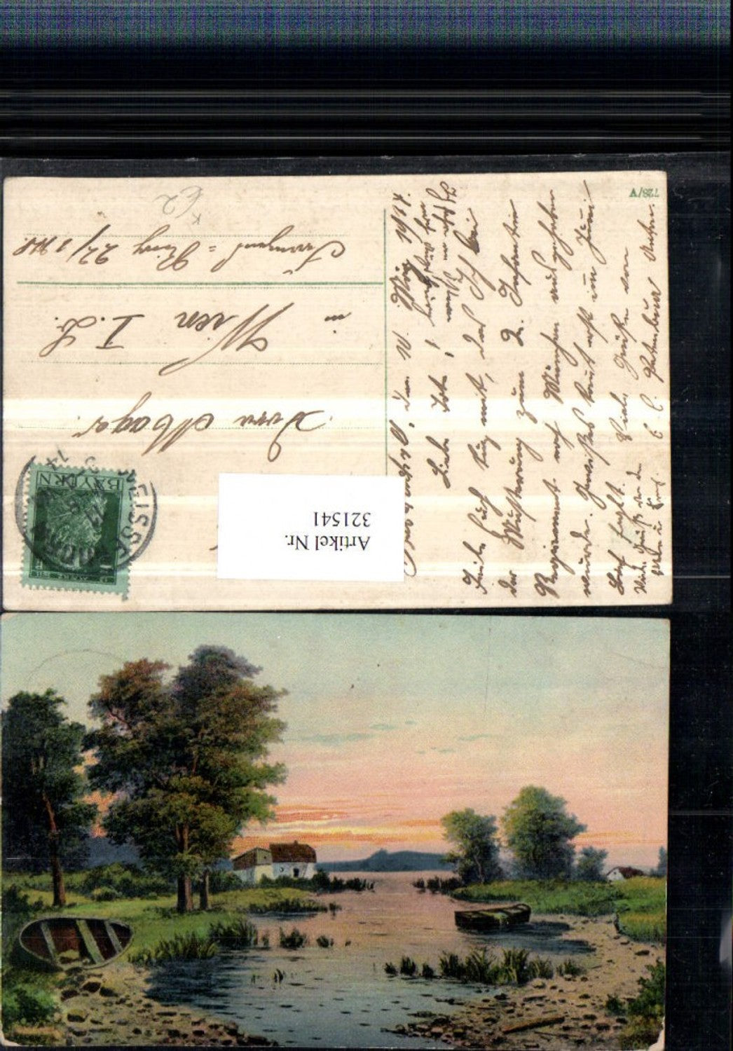 321541,Künstler AK Landschaft Gewässer Boote Haus