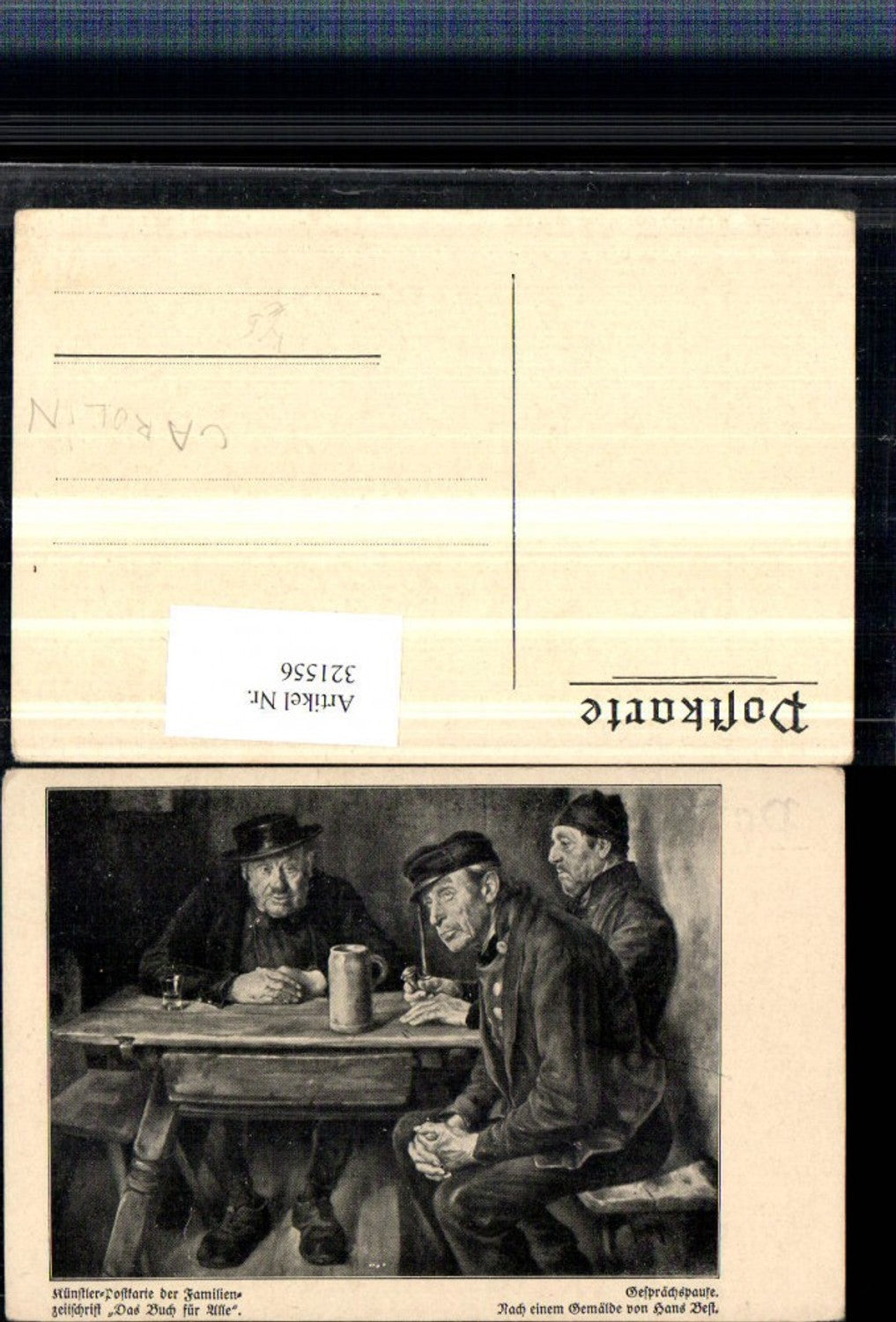 321556,Künstler AK Hans Best Gesprächspause Männer b. Tisch Mütze Hut Pfeife Krug