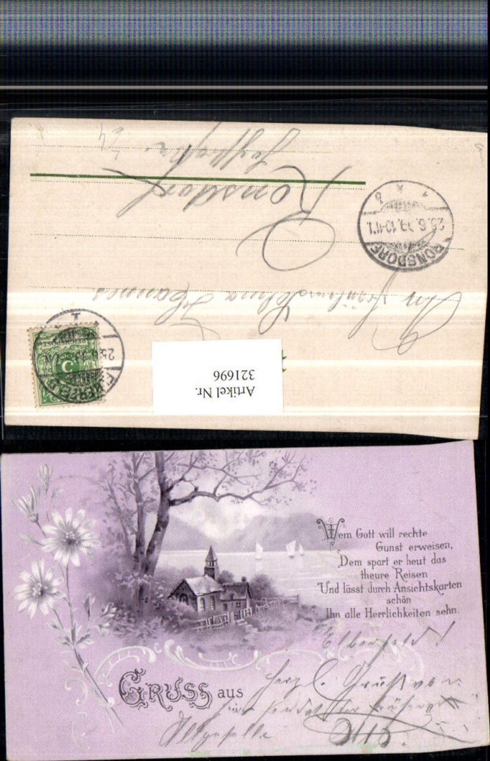 321696,Künstler Litho Landschaft Kirche See Blumen Spruch Text