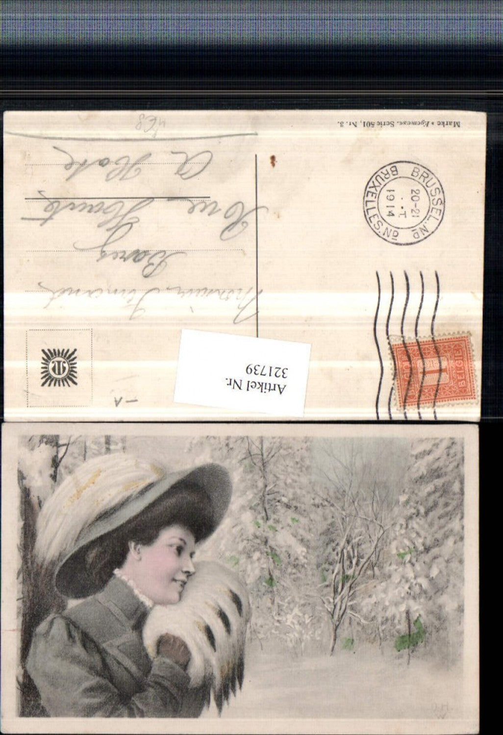 321739,Künstler AK O.H.W. Frau m. Hut Muff Winterwald