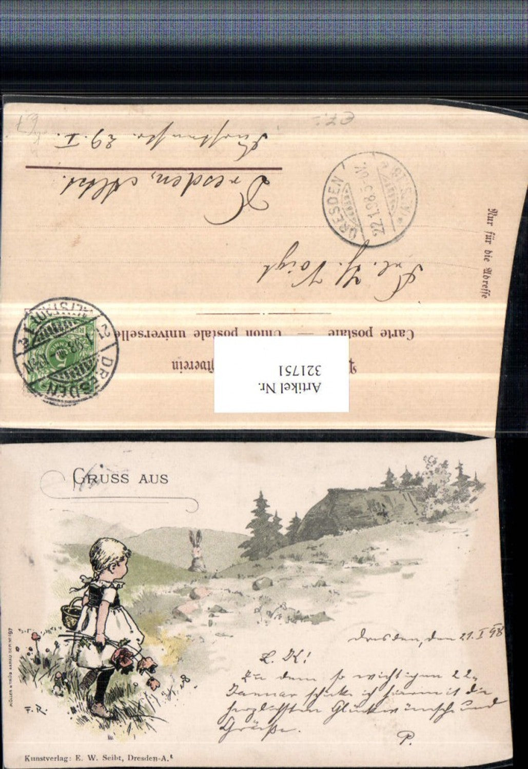 321751,Künstler AK F. R. Mädchen m. Korb Blumen Landschaft Hase