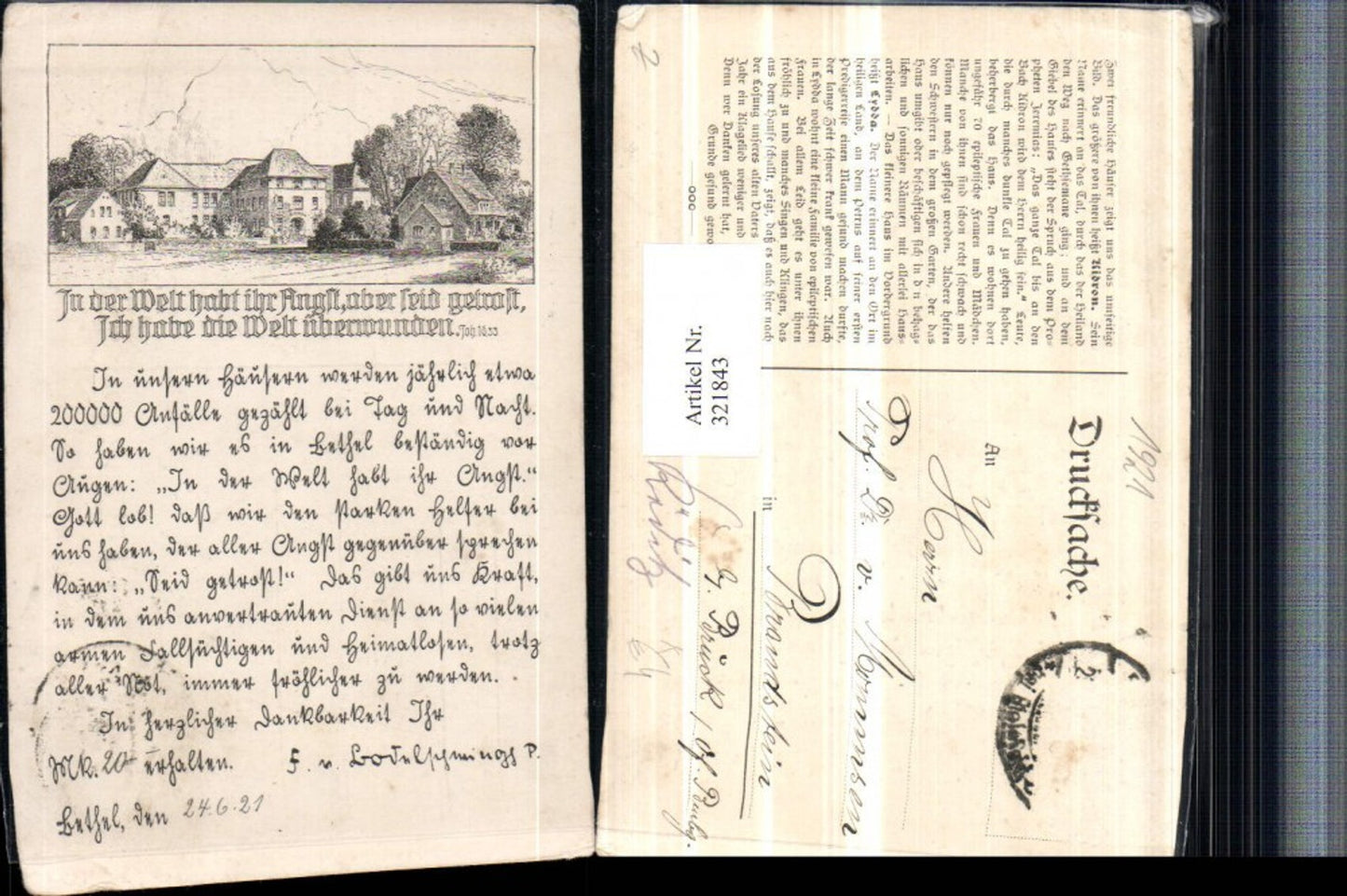 321843,Künstler AK Häuser Kidron Lydda Spruch Text