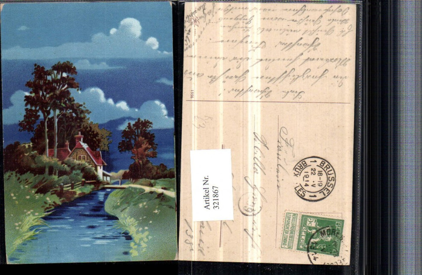 321867,Künstler AK Landschaft Bach Haus