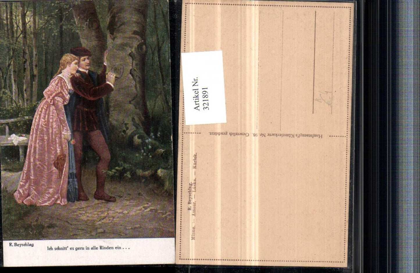321891,Künstler AK R. Beyschlag Minne Amour Paar Mann ritzt in den Baum