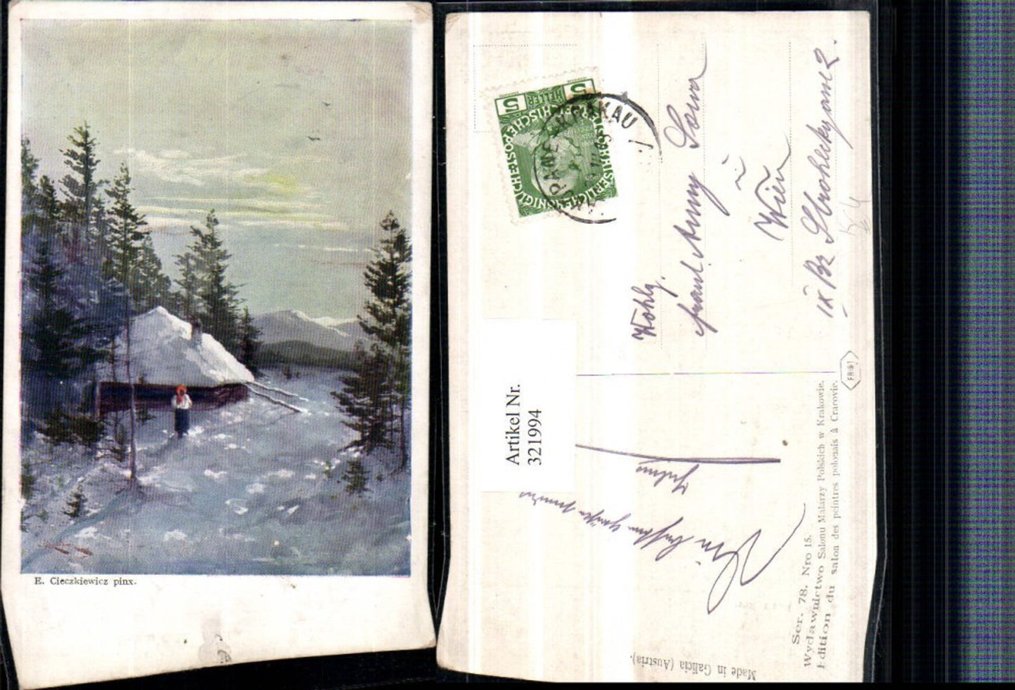 321994,Künstler AK E. Cieczkiewicz Winterlandschaft Hütte