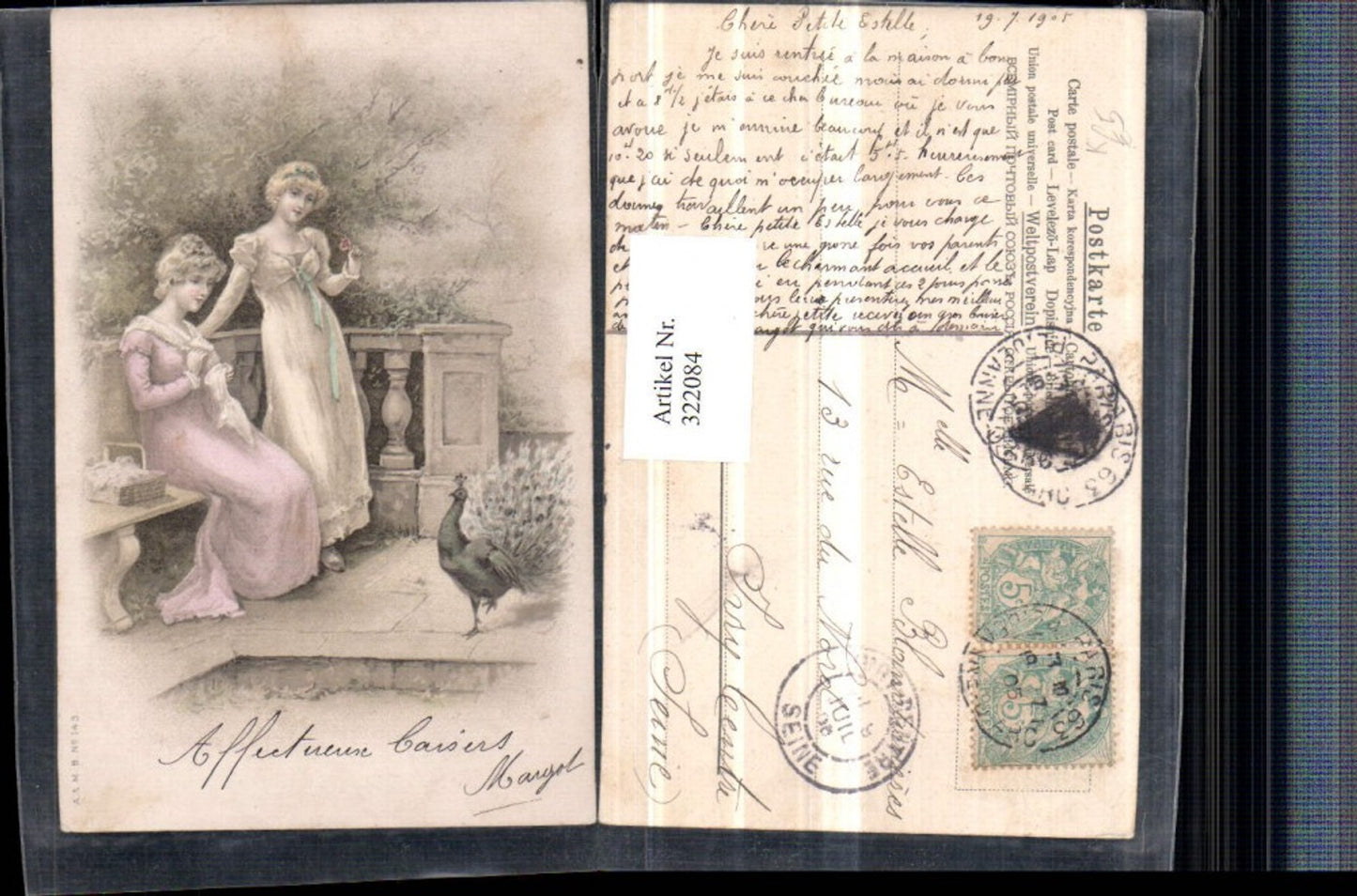 322084,Künstler AK Frauen m. Kleider Sticken Korb Pfau