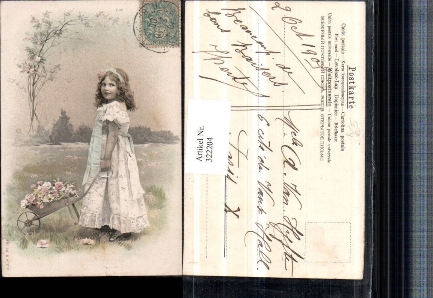322204,Künstler AK Mädchen m. Haarband Kleid Schubkarre Blumen