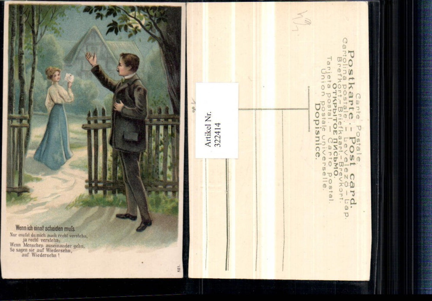 322414,Präge Litho Wenn ich einst scheiden muss Abschied Frau m. Tuch Mondschein Spruch